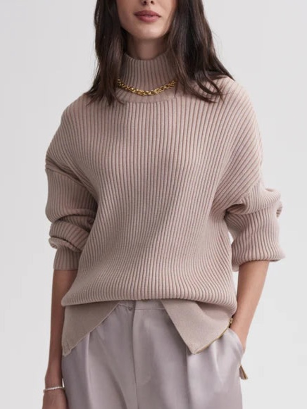 Varley Mayfair Mock Neck Ribbed Knit Sweater Cement size L